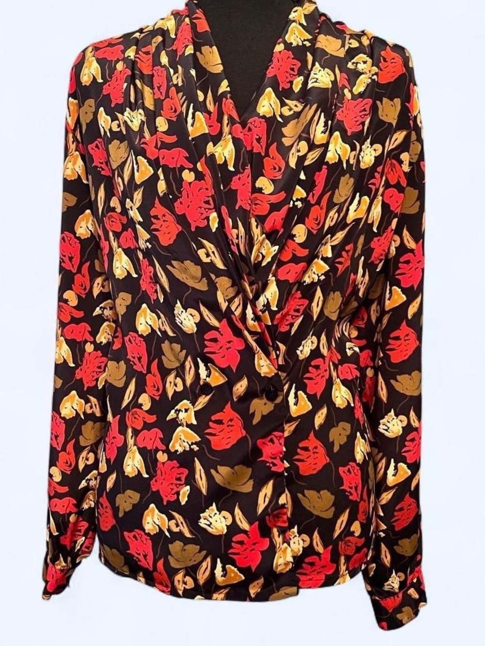 Vintage Impressions Wrap Front Floral Blouse in Black with Red & Gold
